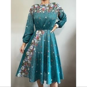 Vintage 1960’s-1970’s Teal Glitter Floral Midi Dress